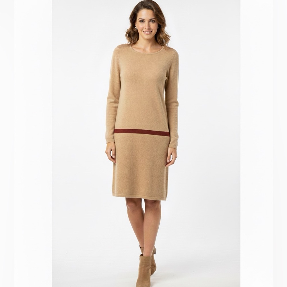 Lord and Taylor Camel Tan Colorblock Cashmere Wool Blend Sweater Dress Size XS